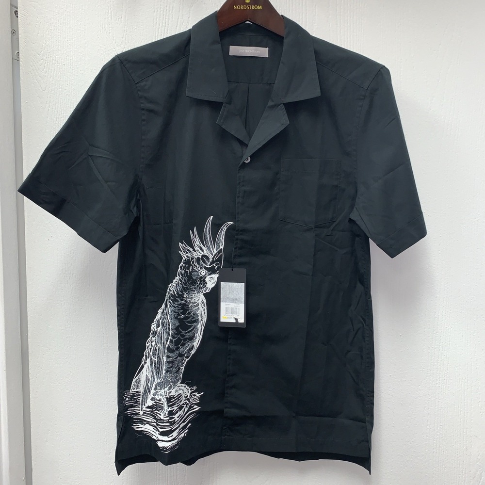 Jim‎ Thompson Rare Palm Cockatoo "Cocky" button-front Hawaiian shirt size S